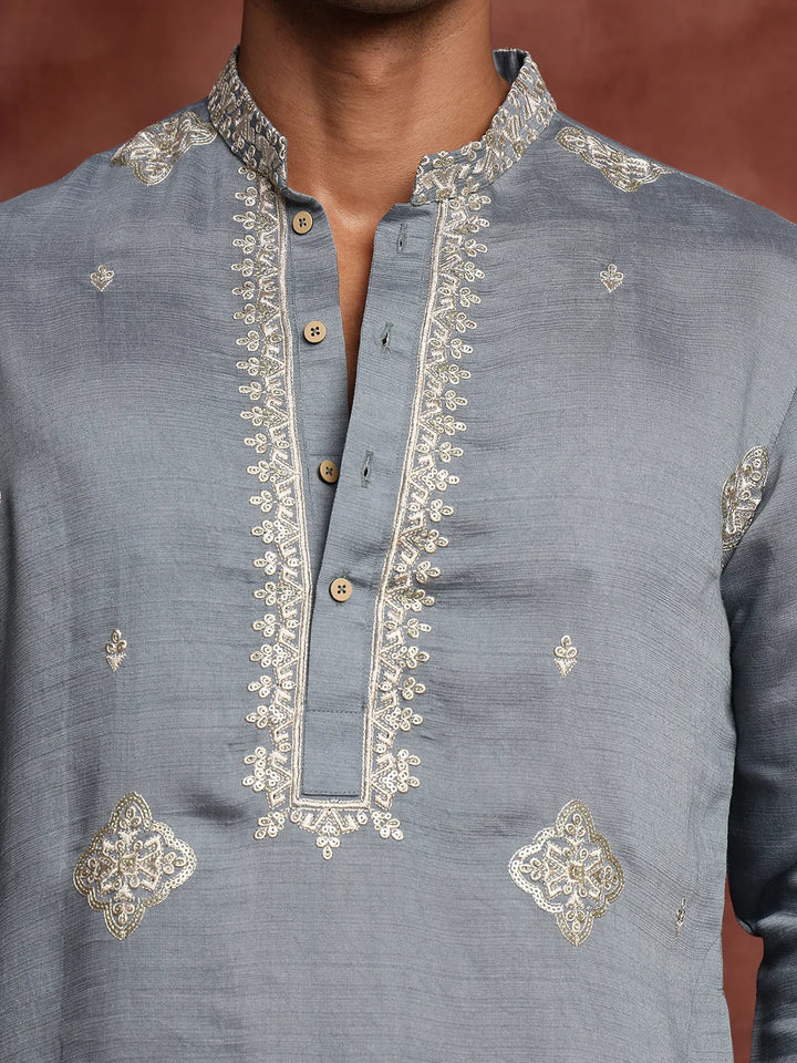 Grey Thread Work Yoke Design Dupion Silk Straight Kurta for Men - Image 4