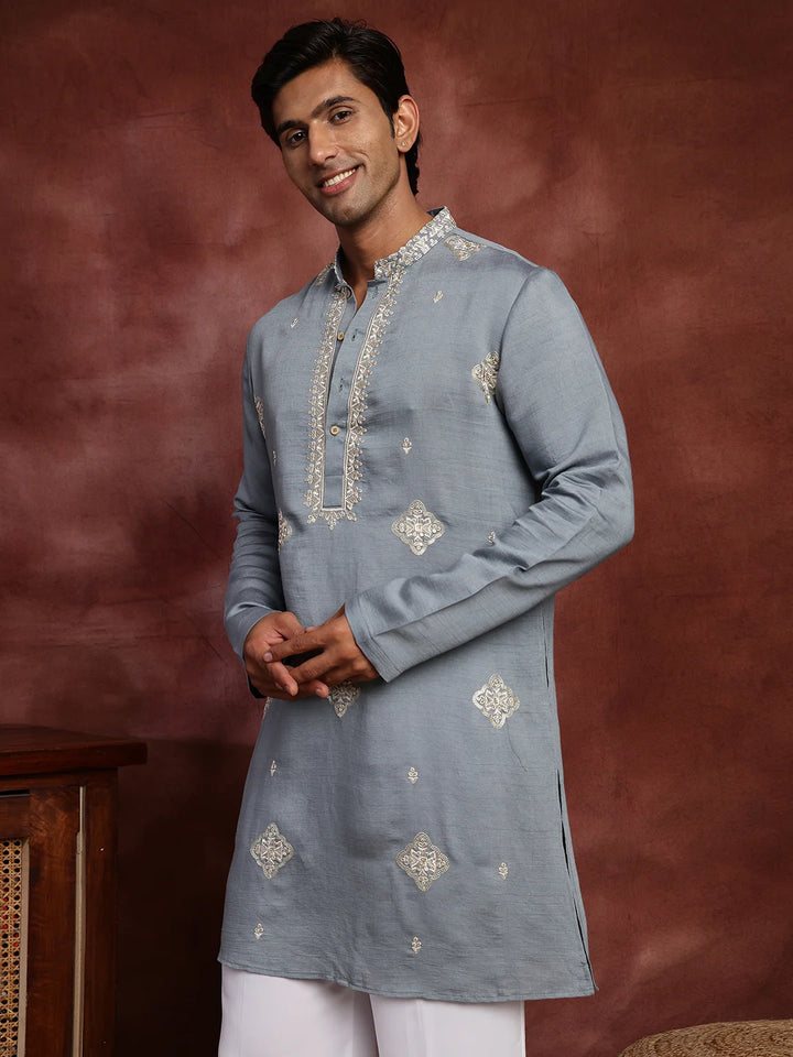 Grey Thread Work Yoke Design Dupion Silk Straight Kurta for Men - Image 5