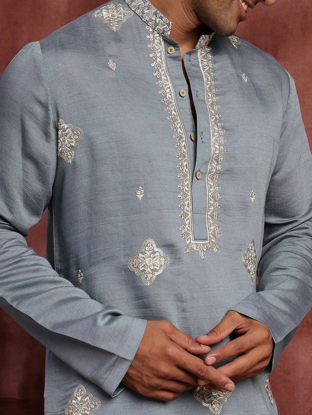 Grey Thread Work Yoke Design Dupion Silk Straight Kurta for Men - Image 6