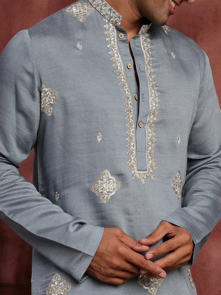 Grey Thread Work Yoke Design Dupion Silk Straight Kurta for Men - Image 6