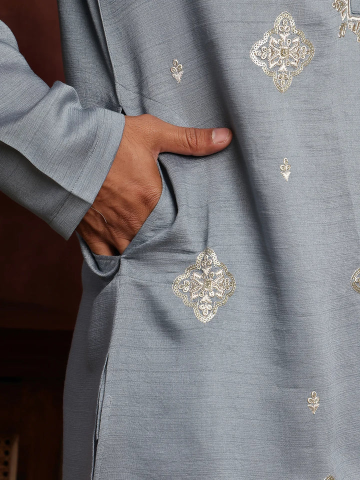 Grey Thread Work Yoke Design Dupion Silk Straight Kurta for Men - Image 7