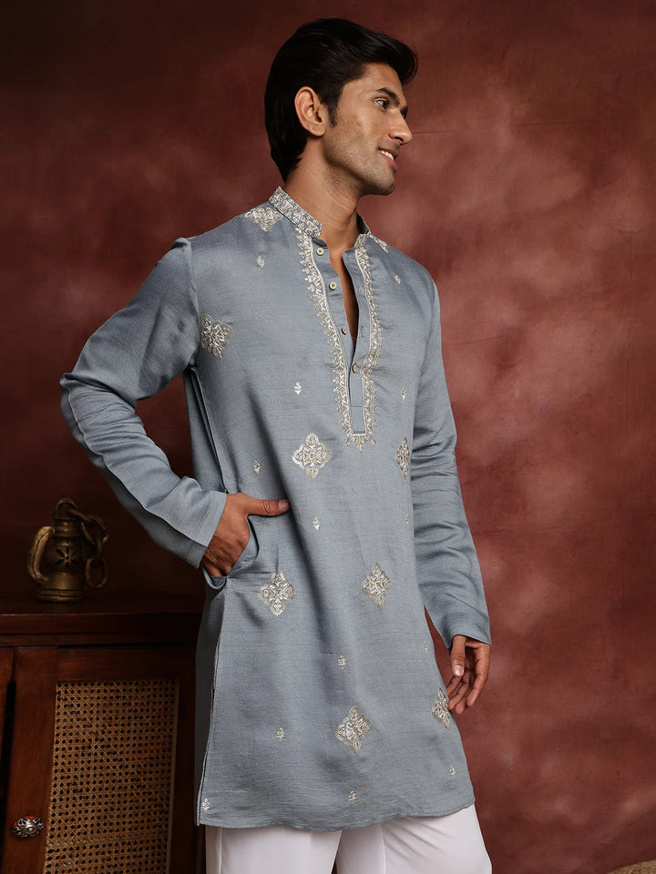 Grey Thread Work Yoke Design Dupion Silk Straight Kurta for Men - Image 8