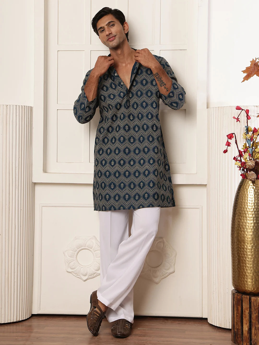 Teal Printed Chanderi Silk Straight Kurta for Men - Image 1