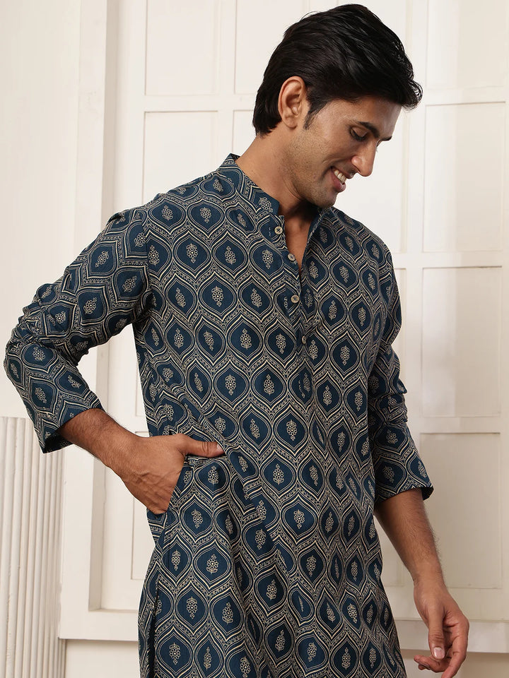 Teal Printed Chanderi Silk Straight Kurta for Men - Image 10