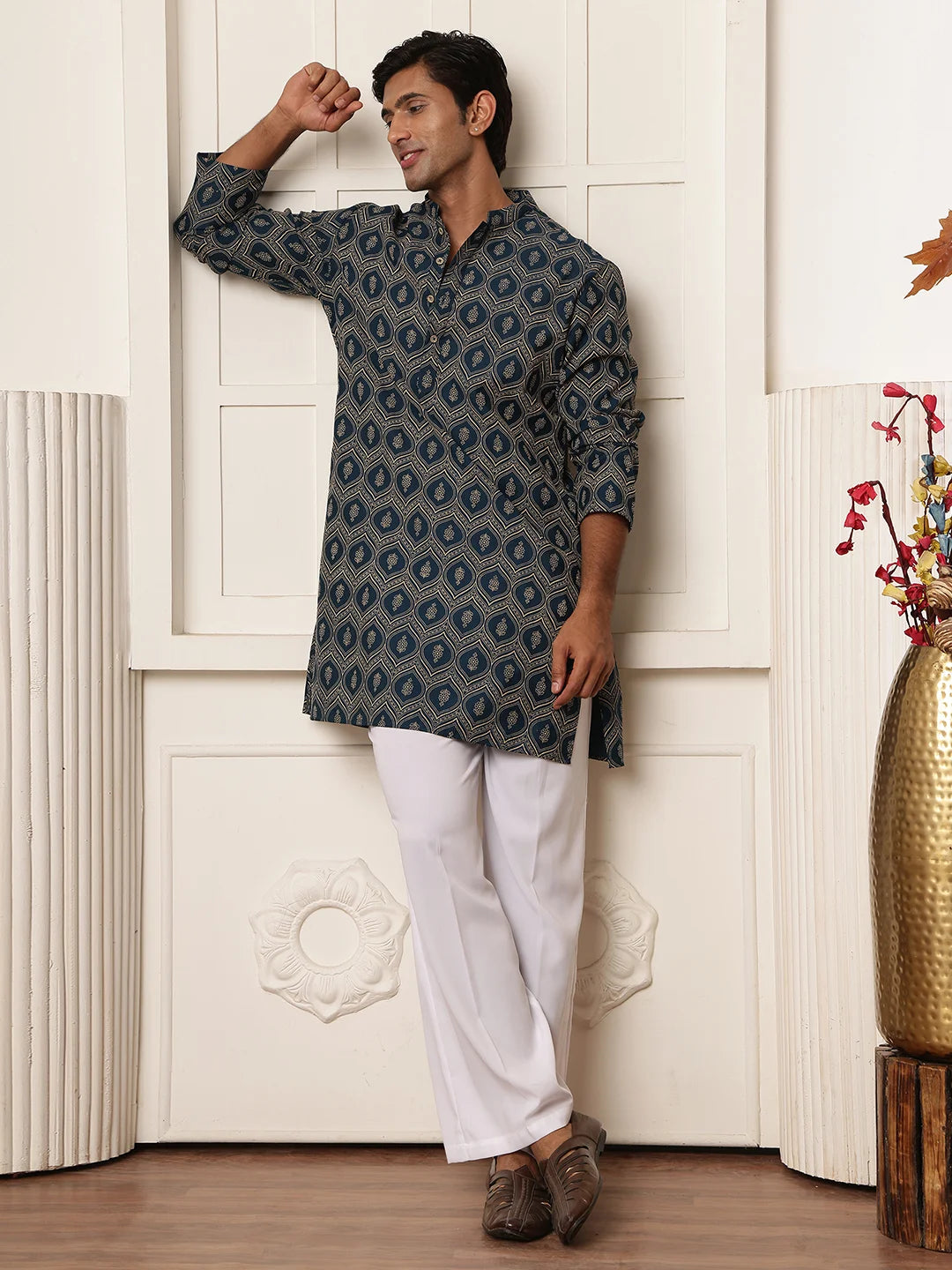 Teal Printed Chanderi Silk Straight Kurta for Men - Image 11