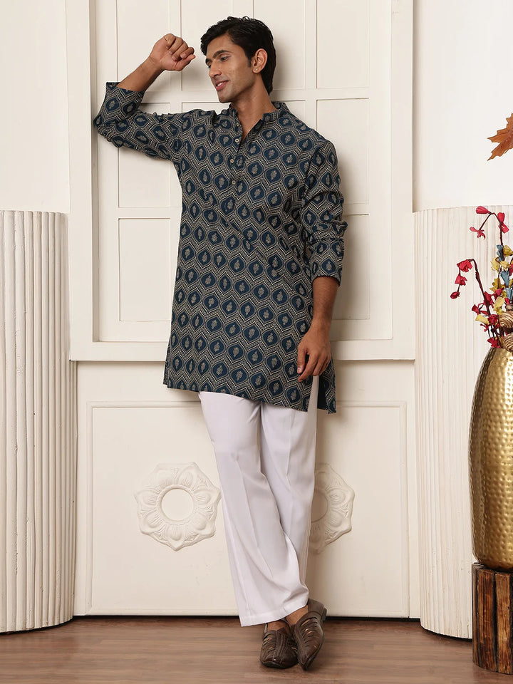Teal Printed Chanderi Silk Straight Kurta for Men - Image 11