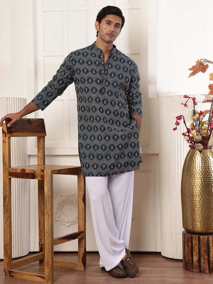Teal Printed Chanderi Silk Straight Kurta for Men - Image 2