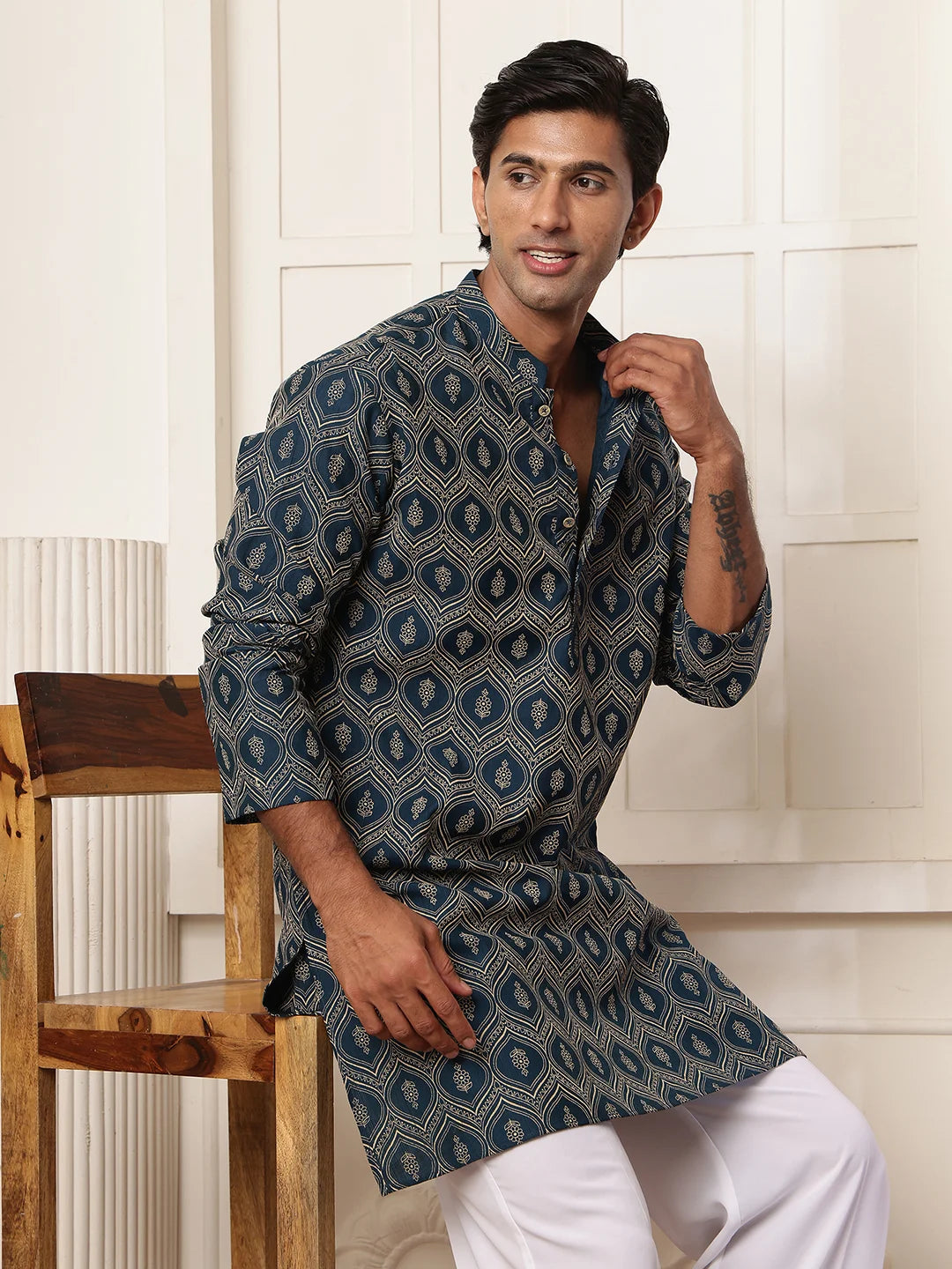 Teal Printed Chanderi Silk Straight Kurta for Men - Image 3