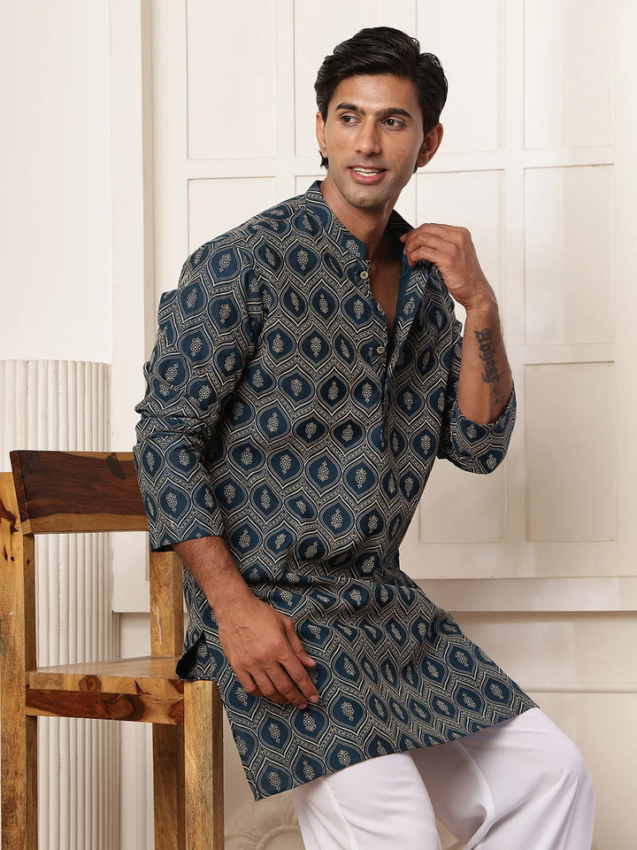 Teal Printed Chanderi Silk Straight Kurta for Men - Image 3
