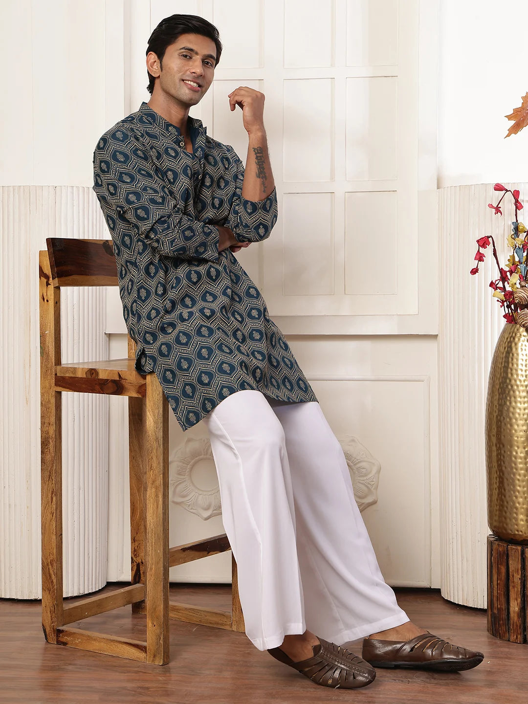 Teal Printed Chanderi Silk Straight Kurta for Men - Image 4
