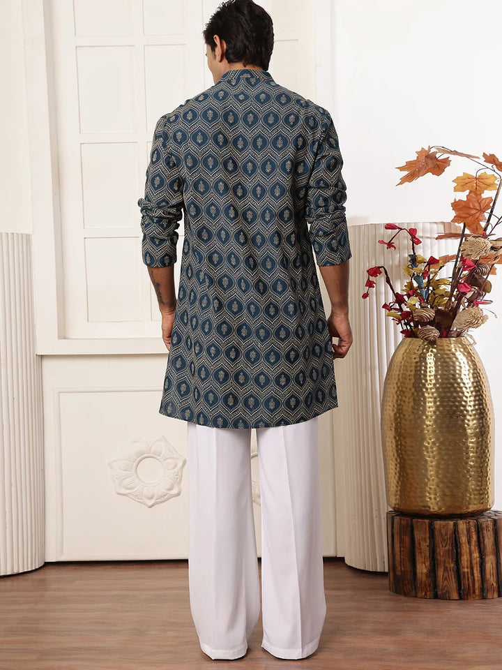 Teal Printed Chanderi Silk Straight Kurta for Men - Image 5