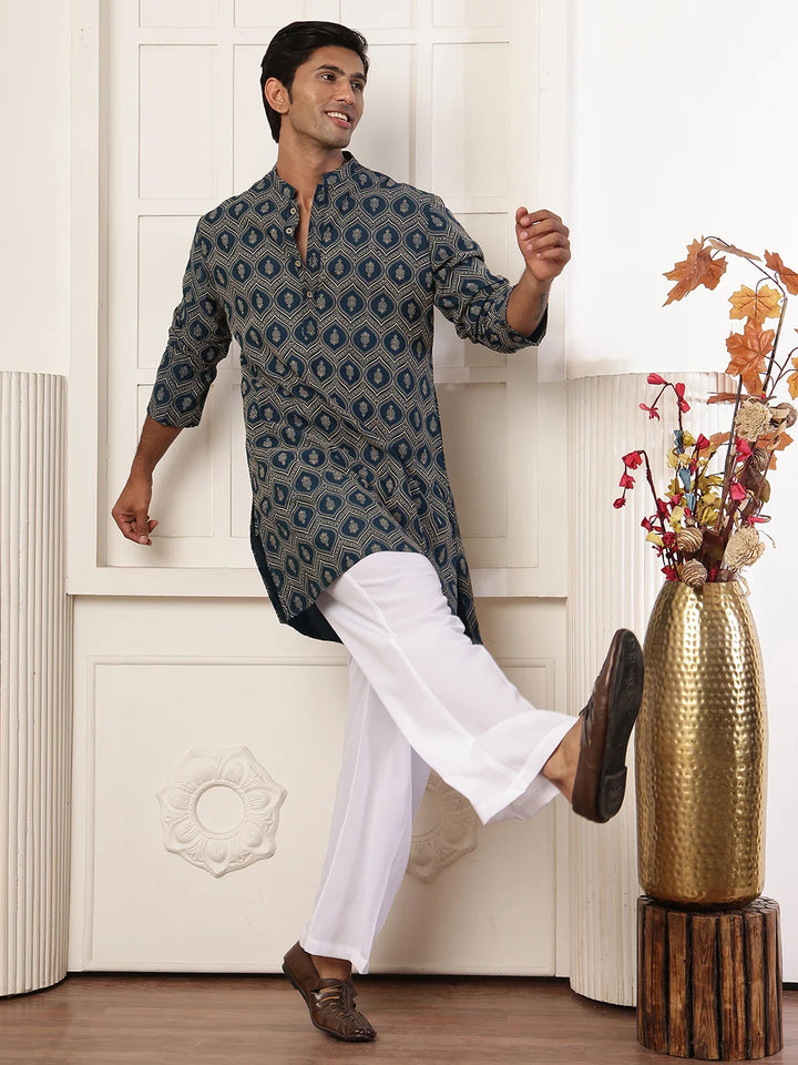 Teal Printed Chanderi Silk Straight Kurta for Men - Image 6