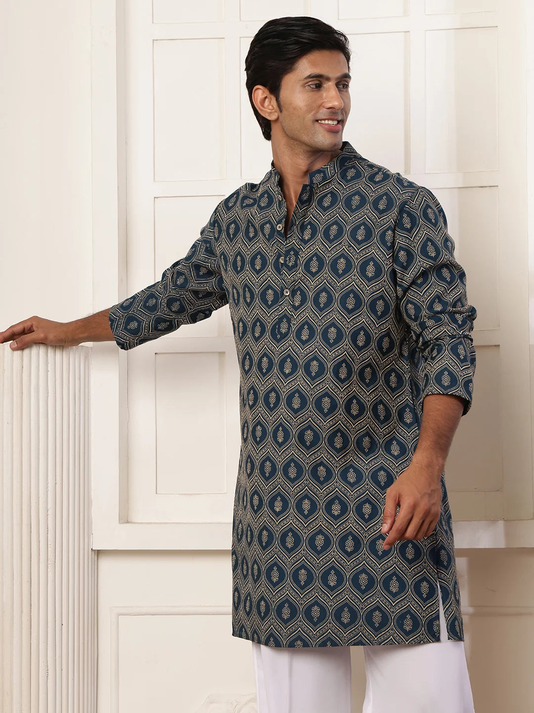 Teal Printed Chanderi Silk Straight Kurta for Men - Image 7