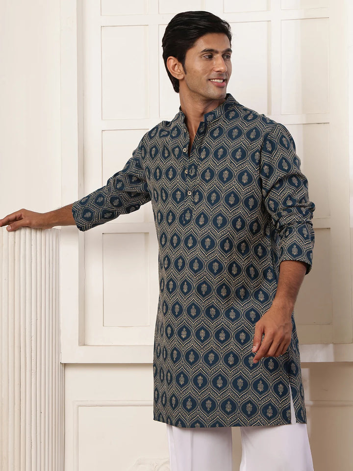 Teal Printed Chanderi Silk Straight Kurta for Men - Image 7