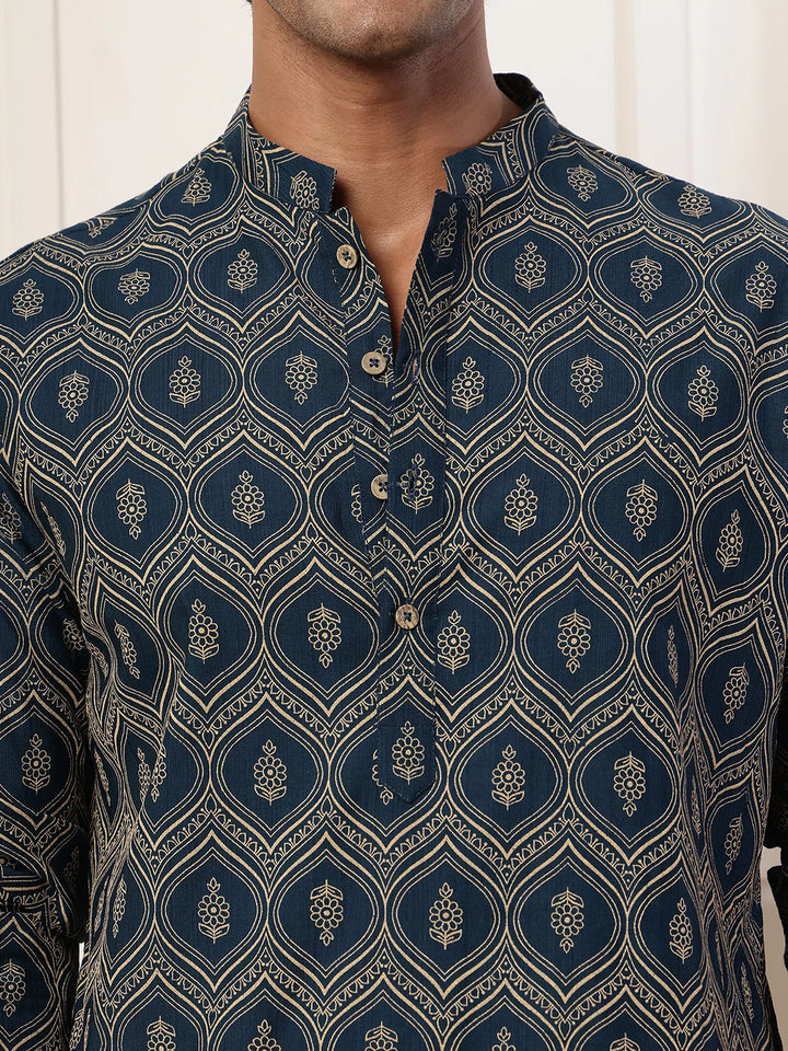Teal Printed Chanderi Silk Straight Kurta for Men - Image 8