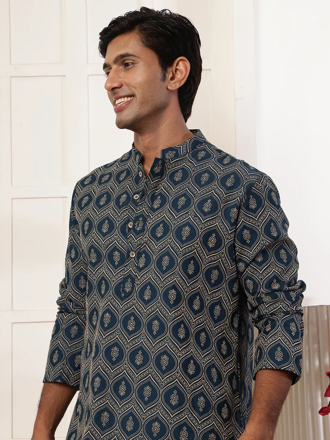 Teal Printed Chanderi Silk Straight Kurta for Men - Image 9