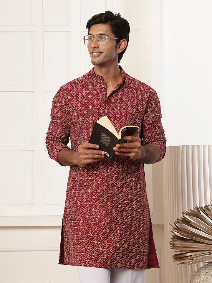 Burgundy Printed Chanderi Silk Straight Kurta for Men - Image 1