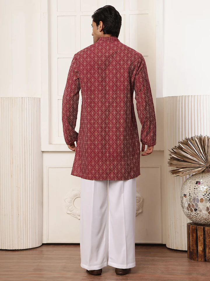 Burgundy Printed Chanderi Silk Straight Kurta for Men - Image 10