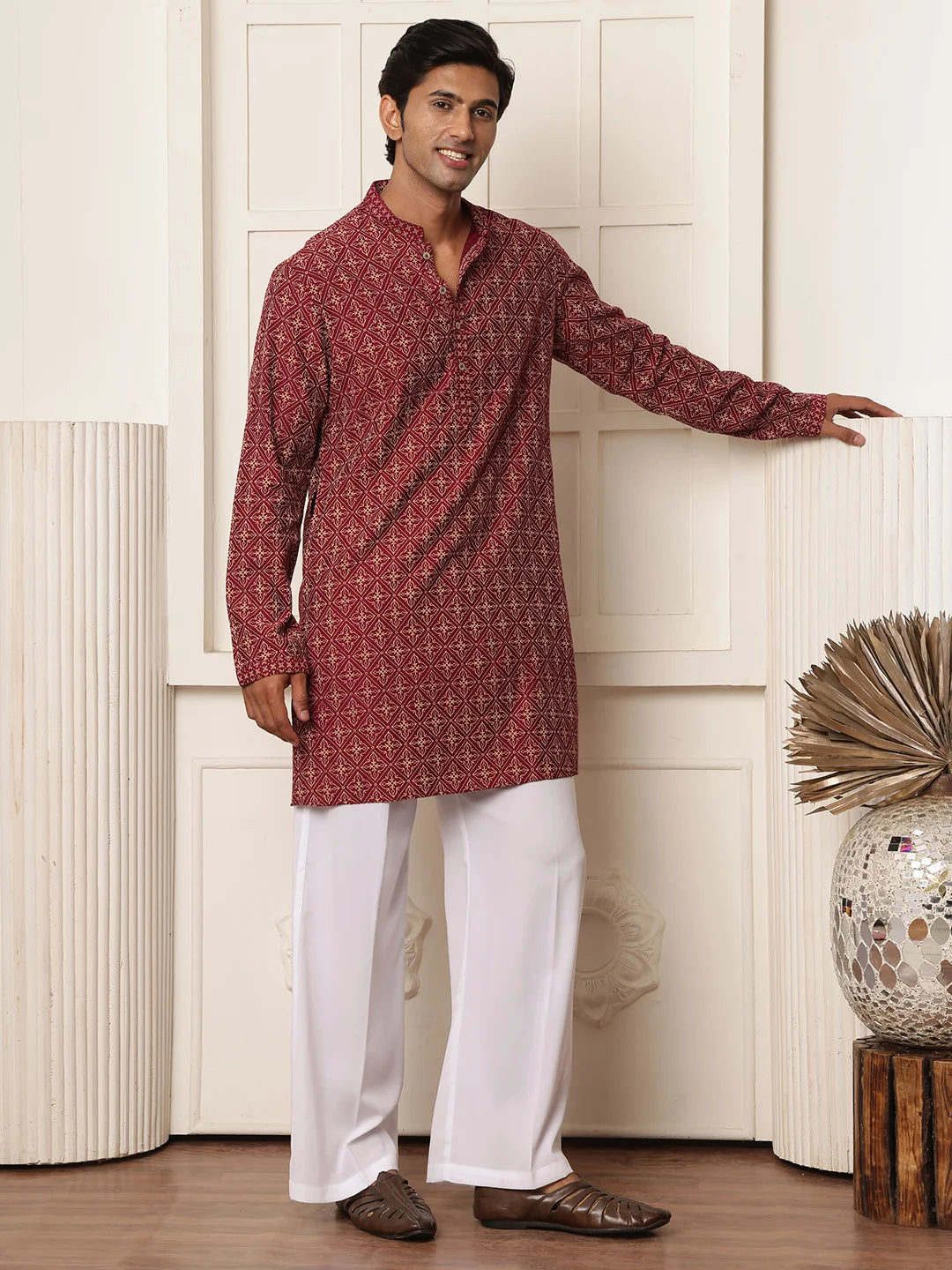 Burgundy Printed Chanderi Silk Straight Kurta for Men - Image 2