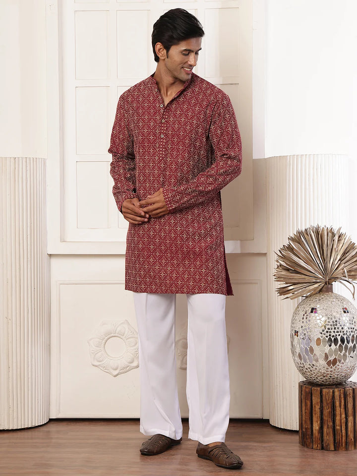 Burgundy Printed Chanderi Silk Straight Kurta for Men - Image 3