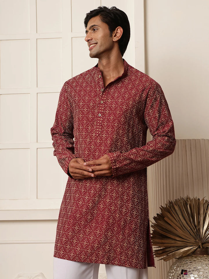 Burgundy Printed Chanderi Silk Straight Kurta for Men - Image 4