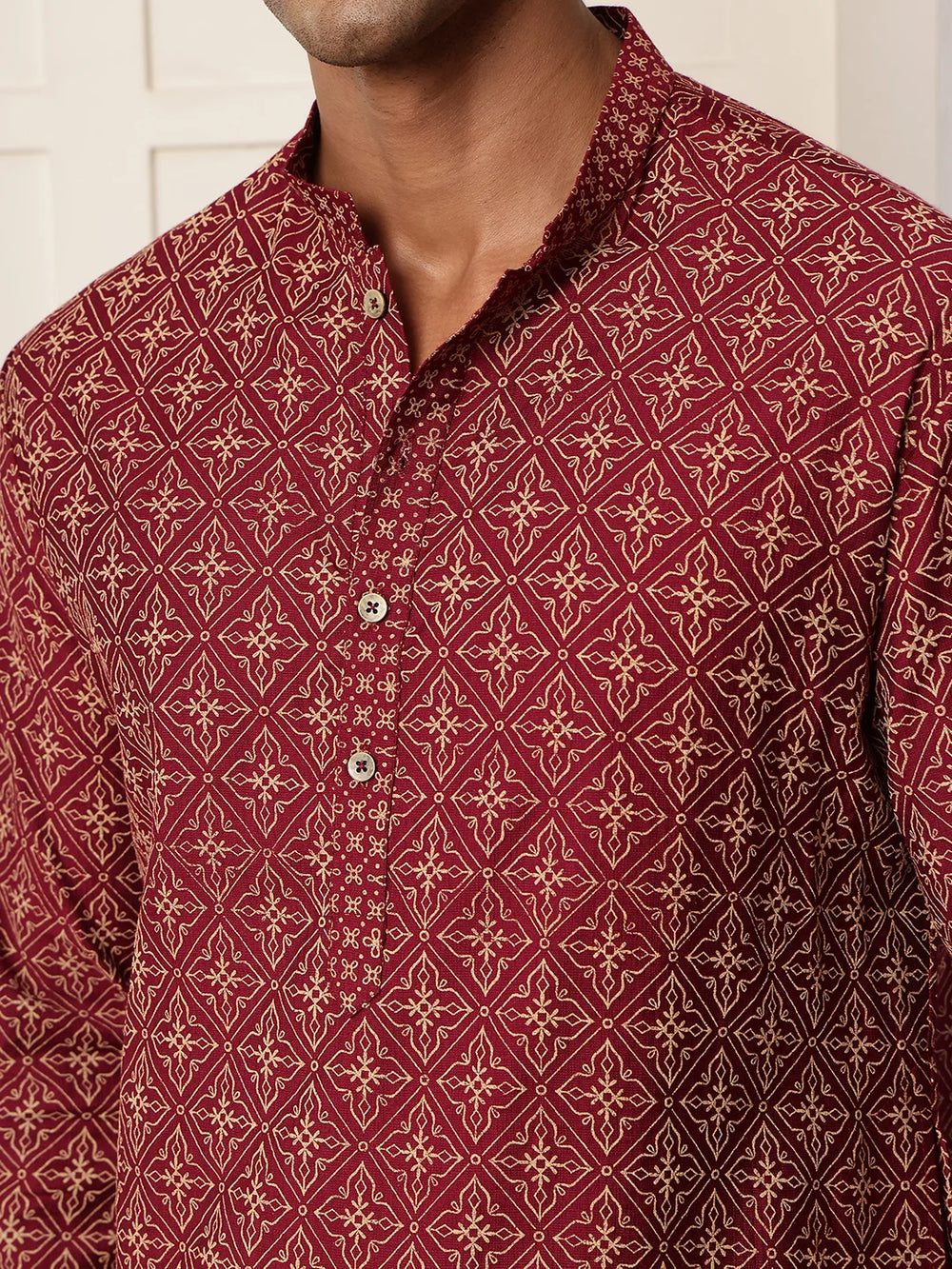 Burgundy Printed Chanderi Silk Straight Kurta for Men - Image 5