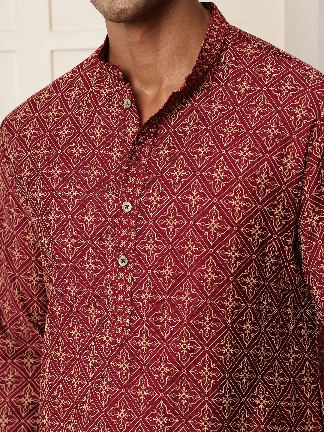 Burgundy Printed Chanderi Silk Straight Kurta for Men - Image 5