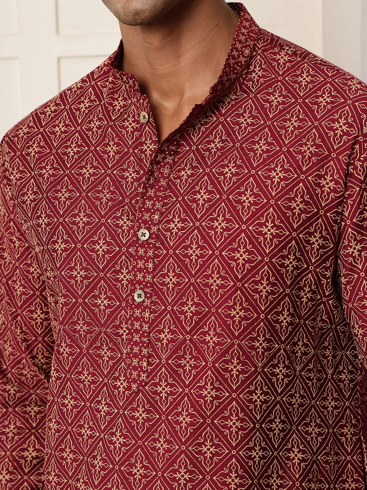 Burgundy Printed Chanderi Silk Straight Kurta for Men - Image 5