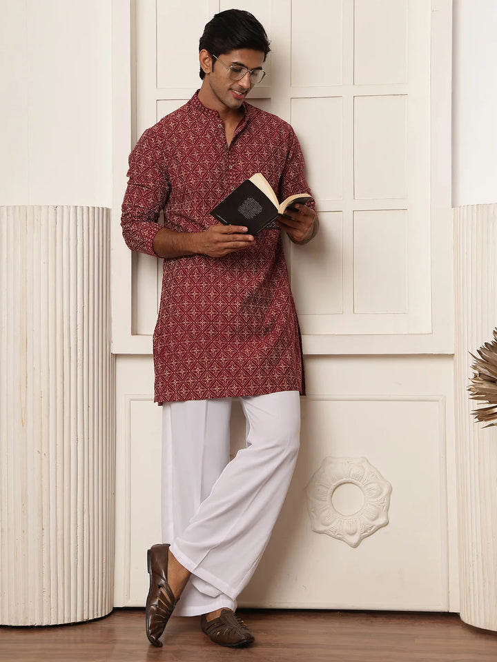 Burgundy Printed Chanderi Silk Straight Kurta for Men - Image 6