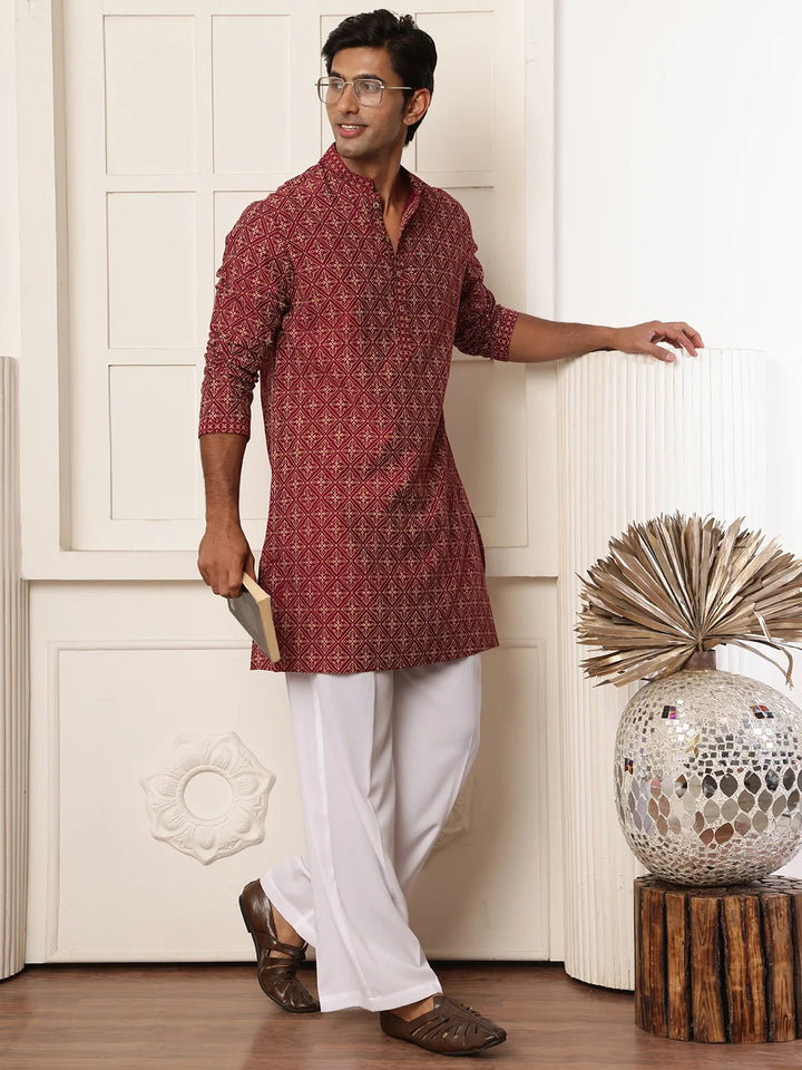 Burgundy Printed Chanderi Silk Straight Kurta for Men - Image 8