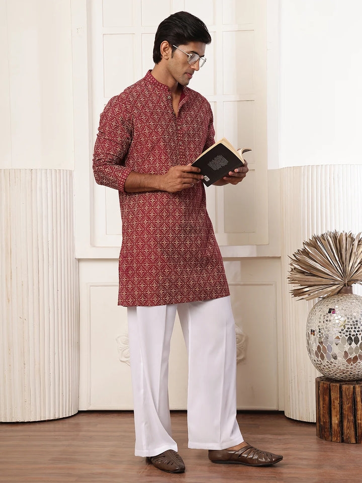 Burgundy Printed Chanderi Silk Straight Kurta for Men - Image 9