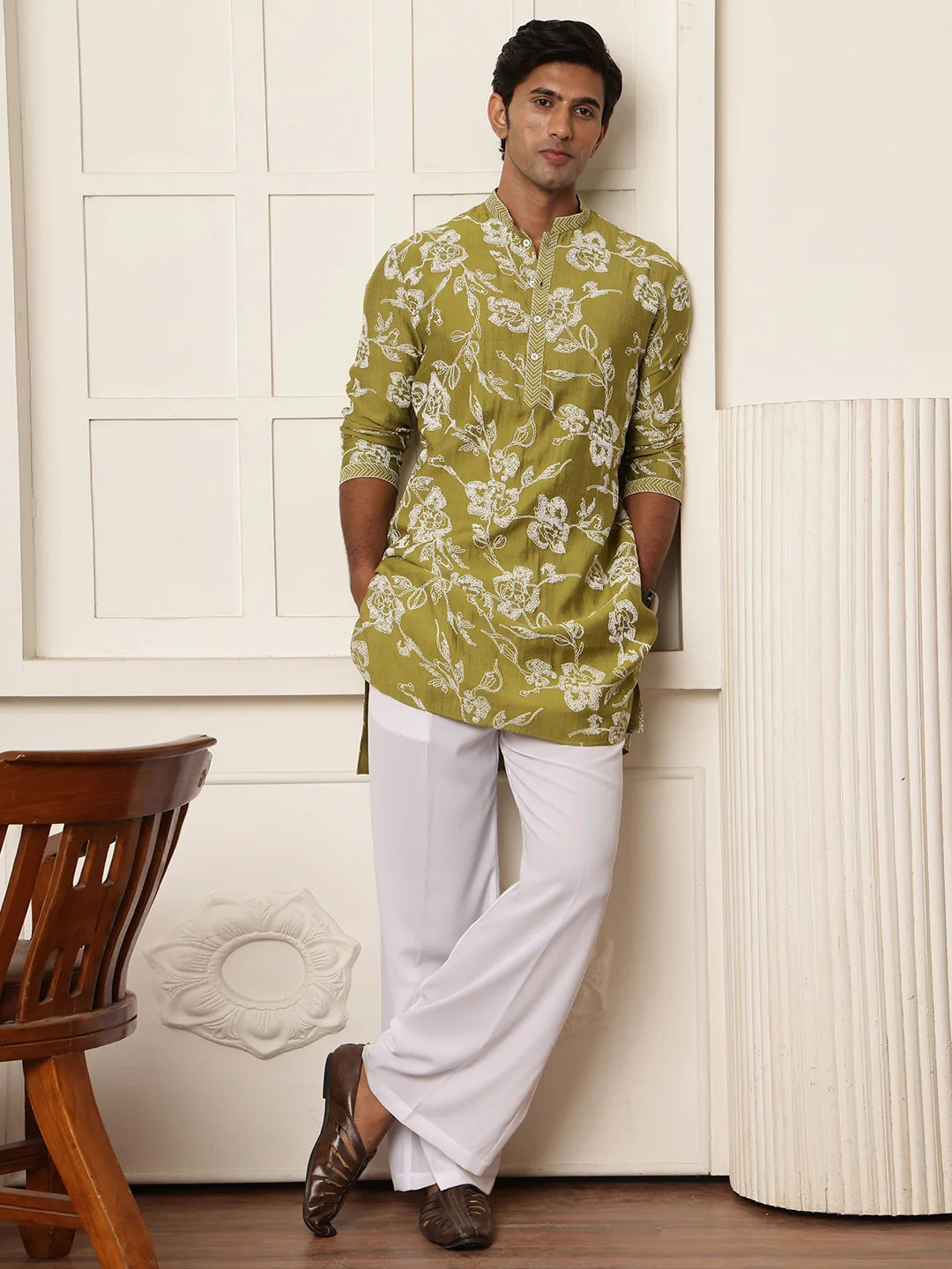 Lime Green Thread Work Embroidered Chanderi Silk Straight Kurta for Men - Image 1