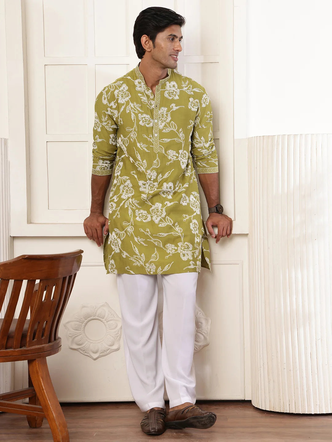 Lime Green Thread Work Embroidered Chanderi Silk Straight Kurta for Men - Image 10