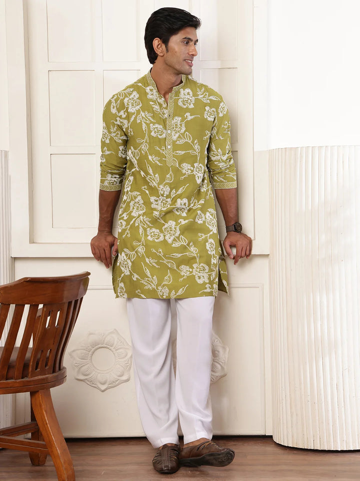 Lime Green Thread Work Embroidered Chanderi Silk Straight Kurta for Men - Image 10