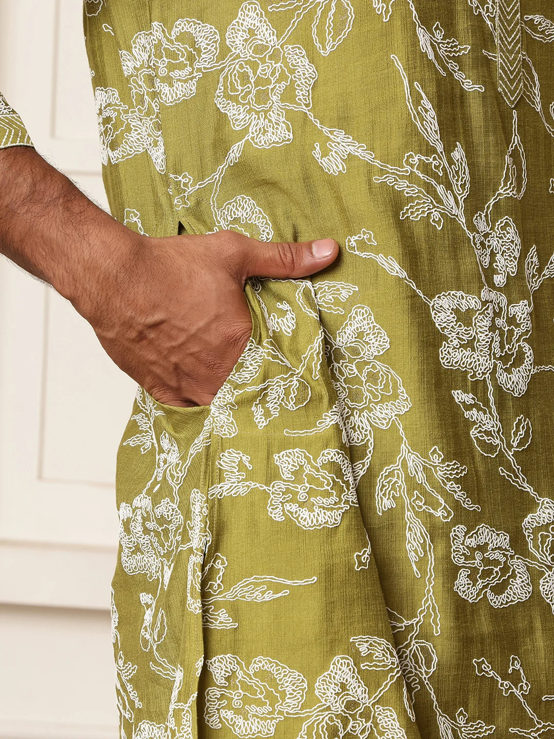 Lime Green Thread Work Embroidered Chanderi Silk Straight Kurta for Men - Image 11