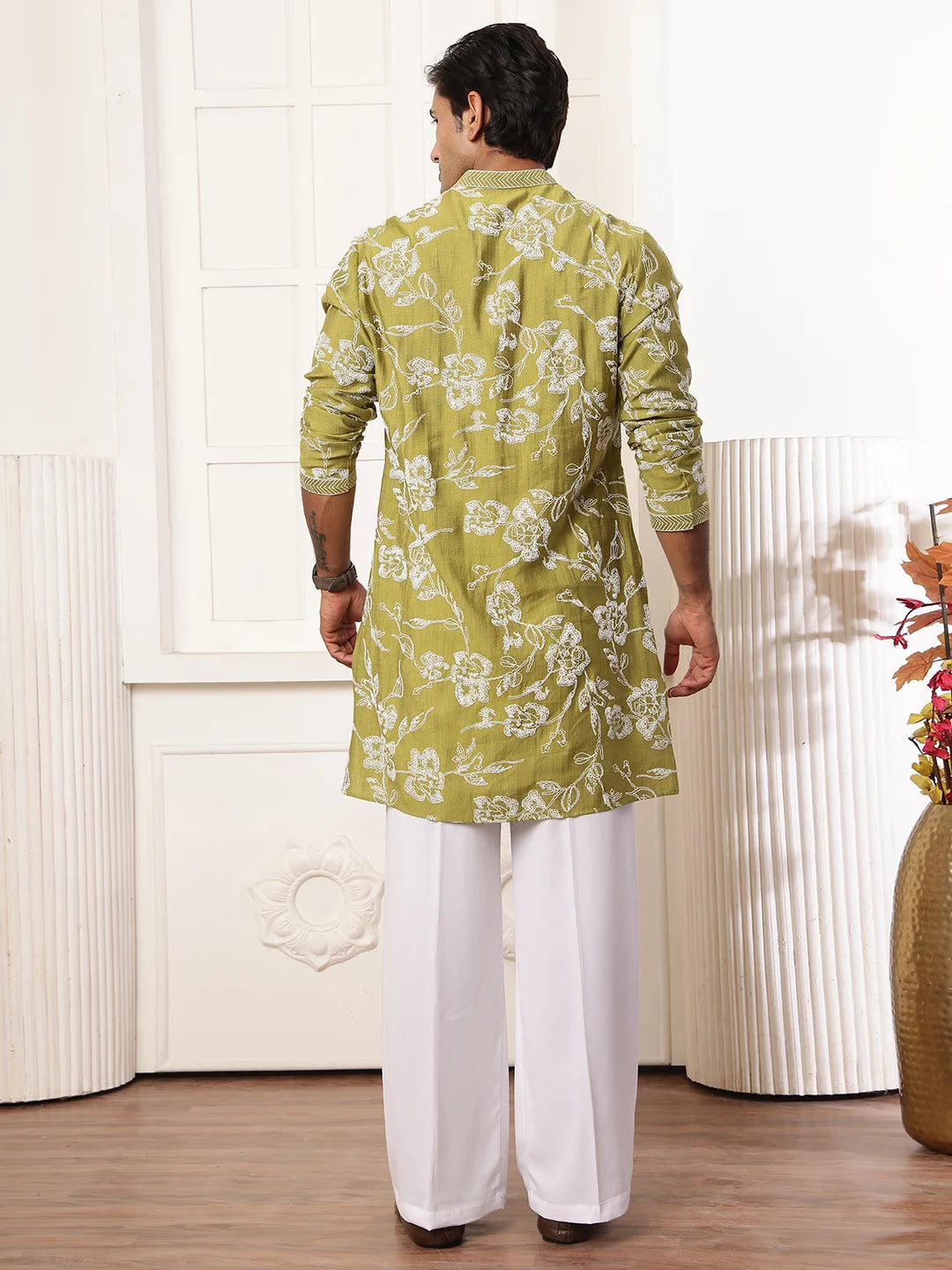 Lime Green Thread Work Embroidered Chanderi Silk Straight Kurta for Men - Image 2