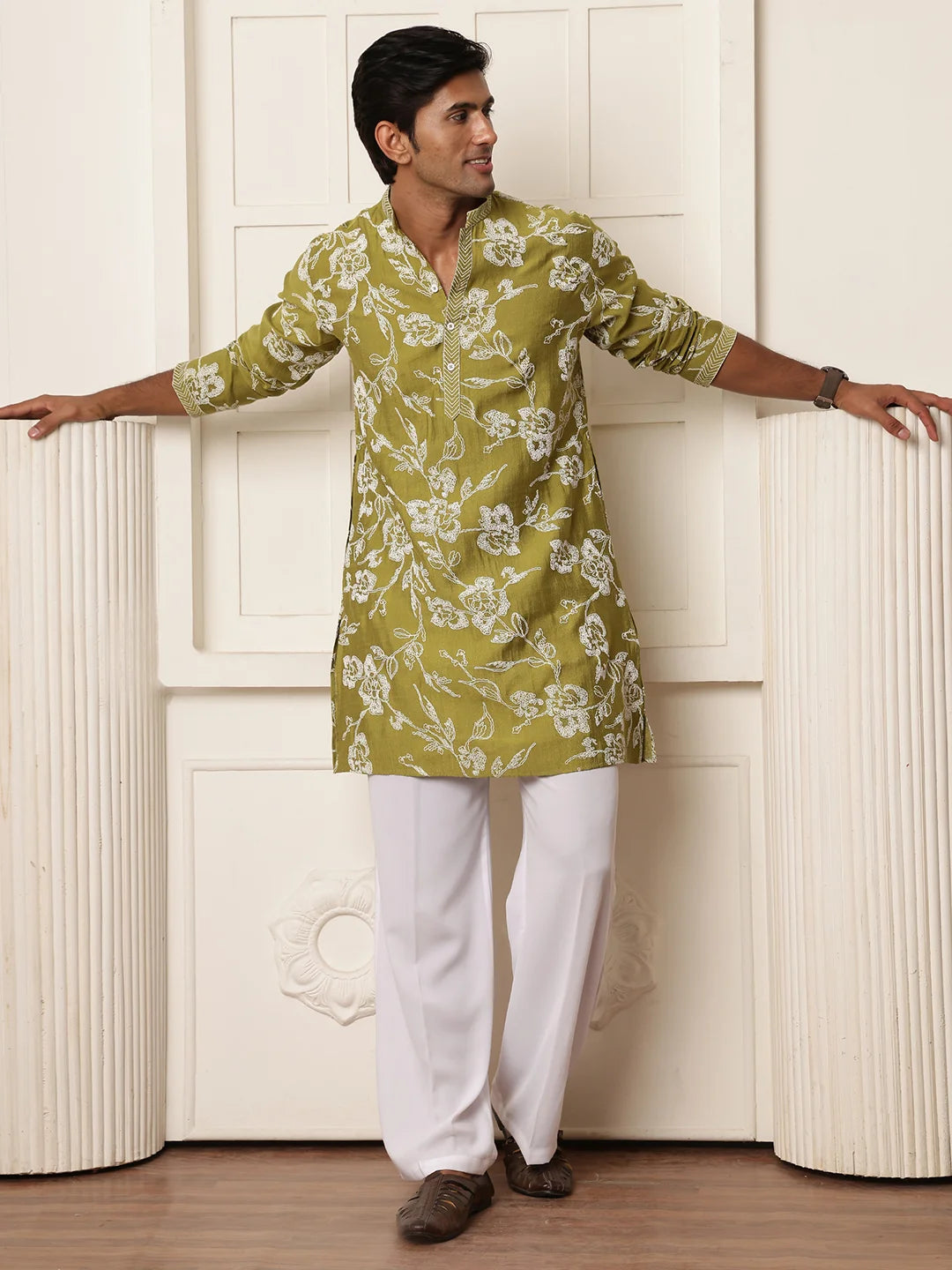 Lime Green Thread Work Embroidered Chanderi Silk Straight Kurta for Men - Image 4