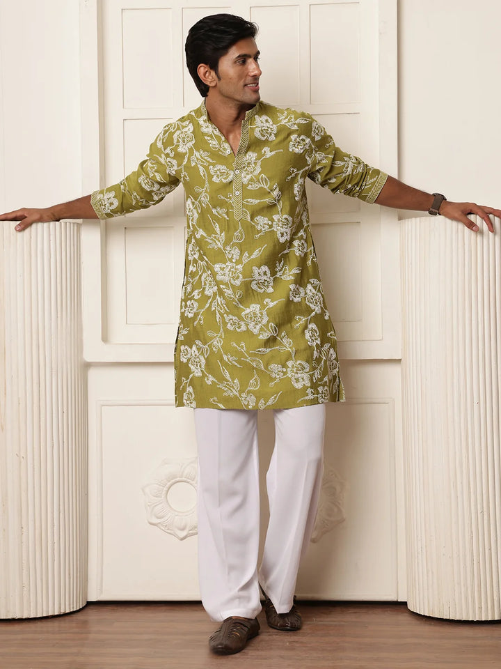 Lime Green Thread Work Embroidered Chanderi Silk Straight Kurta for Men - Image 4