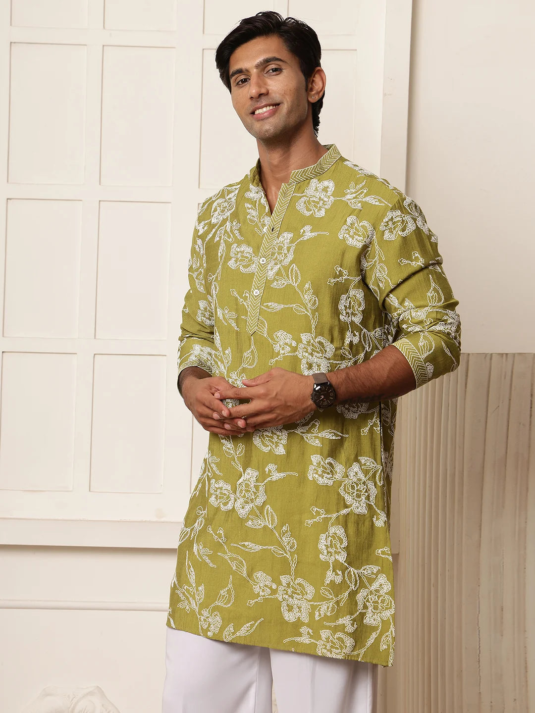 Lime Green Thread Work Embroidered Chanderi Silk Straight Kurta for Men - Image 5