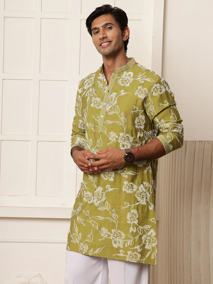Lime Green Thread Work Embroidered Chanderi Silk Straight Kurta for Men - Image 5