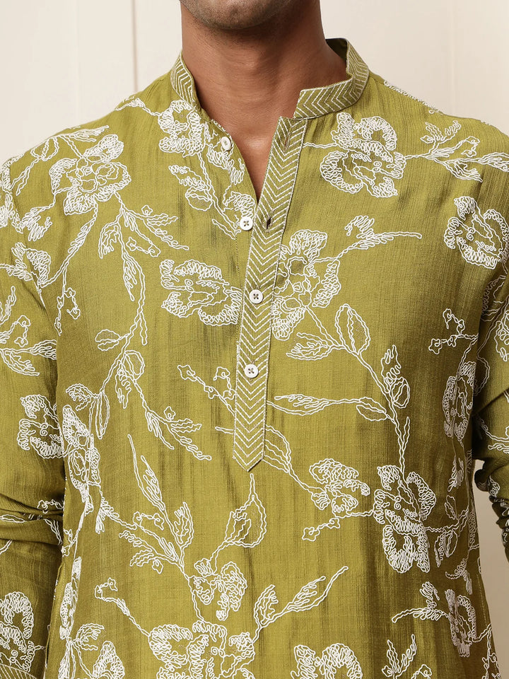 Lime Green Thread Work Embroidered Chanderi Silk Straight Kurta for Men - Image 6