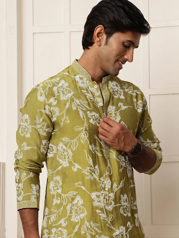 Lime Green Thread Work Embroidered Chanderi Silk Straight Kurta for Men - Image 7