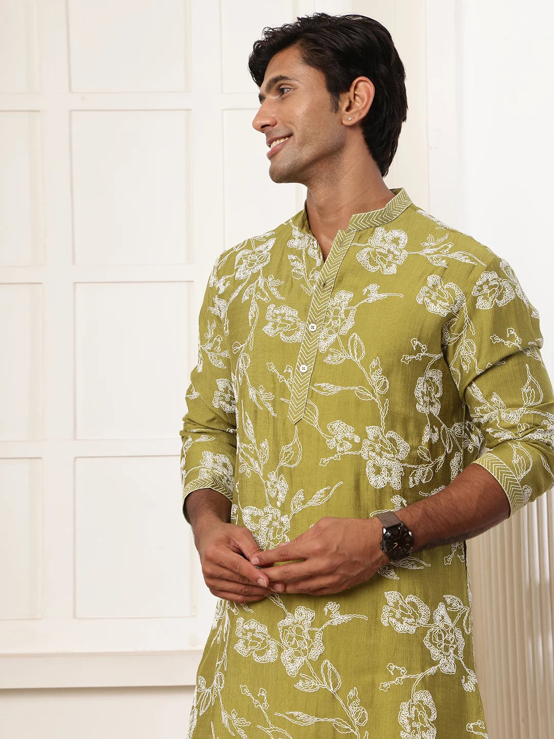 Lime Green Thread Work Embroidered Chanderi Silk Straight Kurta for Men - Image 8