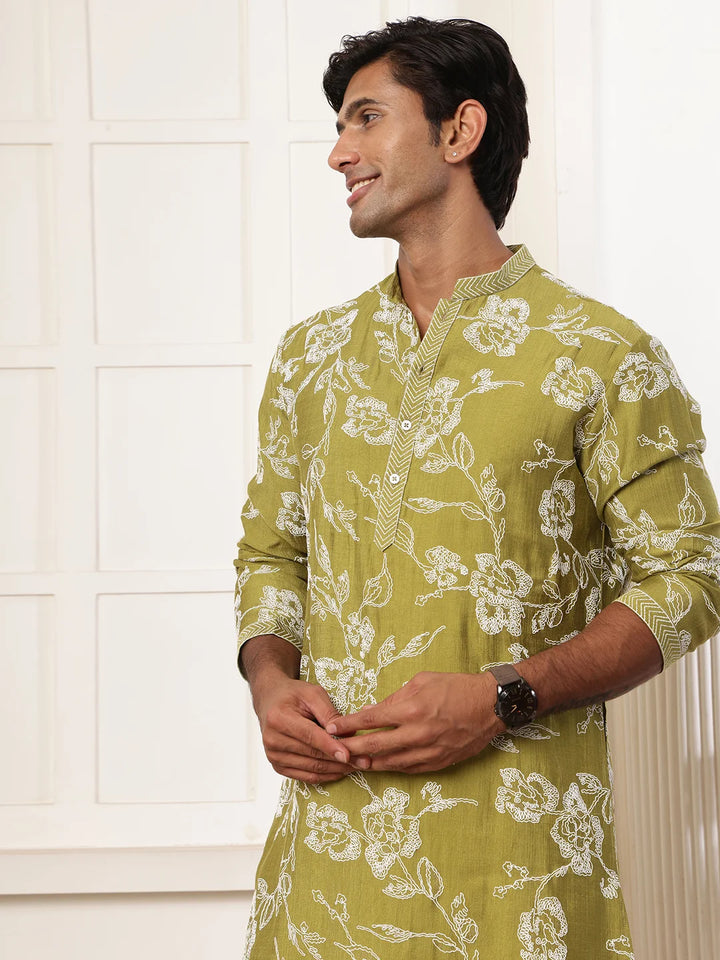 Lime Green Thread Work Embroidered Chanderi Silk Straight Kurta for Men - Image 8