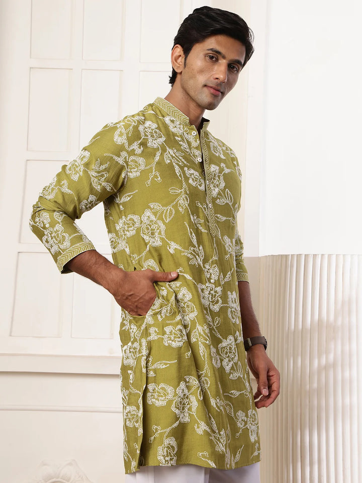 Lime Green Thread Work Embroidered Chanderi Silk Straight Kurta for Men - Image 9