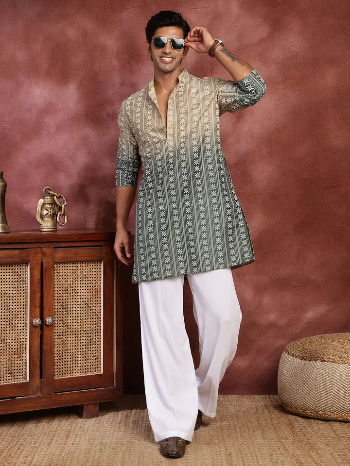 Beige Printed Chanderi Silk Straight Kurta for Men - Image 1