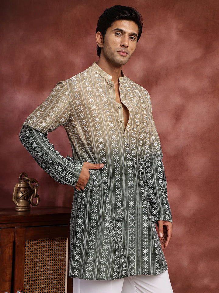 Beige Printed Chanderi Silk Straight Kurta for Men - Image 10