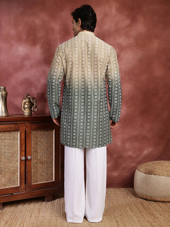 Beige Printed Chanderi Silk Straight Kurta for Men - Image 11