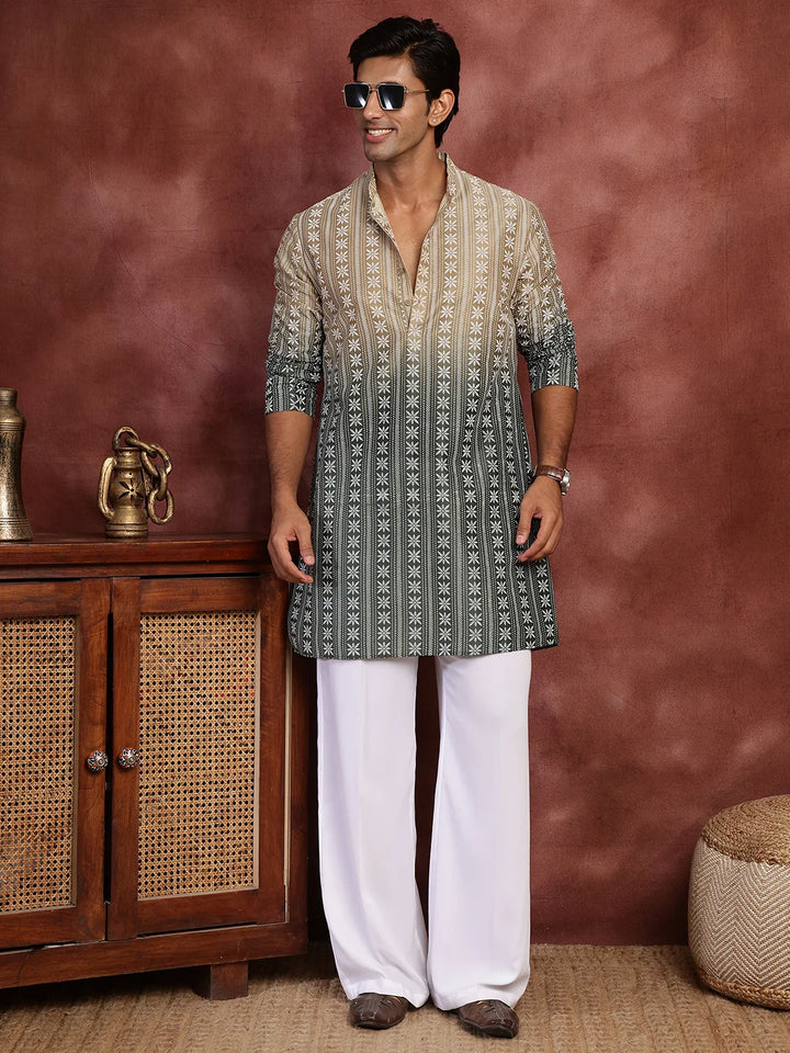 Beige Printed Chanderi Silk Straight Kurta for Men - Image 2