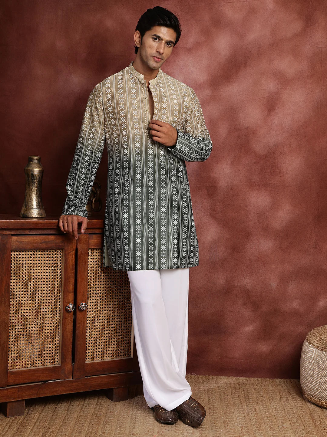 Beige Printed Chanderi Silk Straight Kurta for Men - Image 3